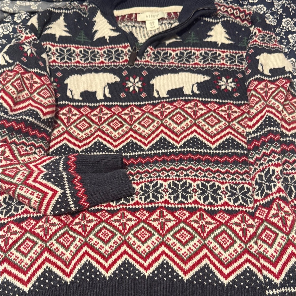 Womens Fair Isle Half-Zip Sweater - Navy, Red & White